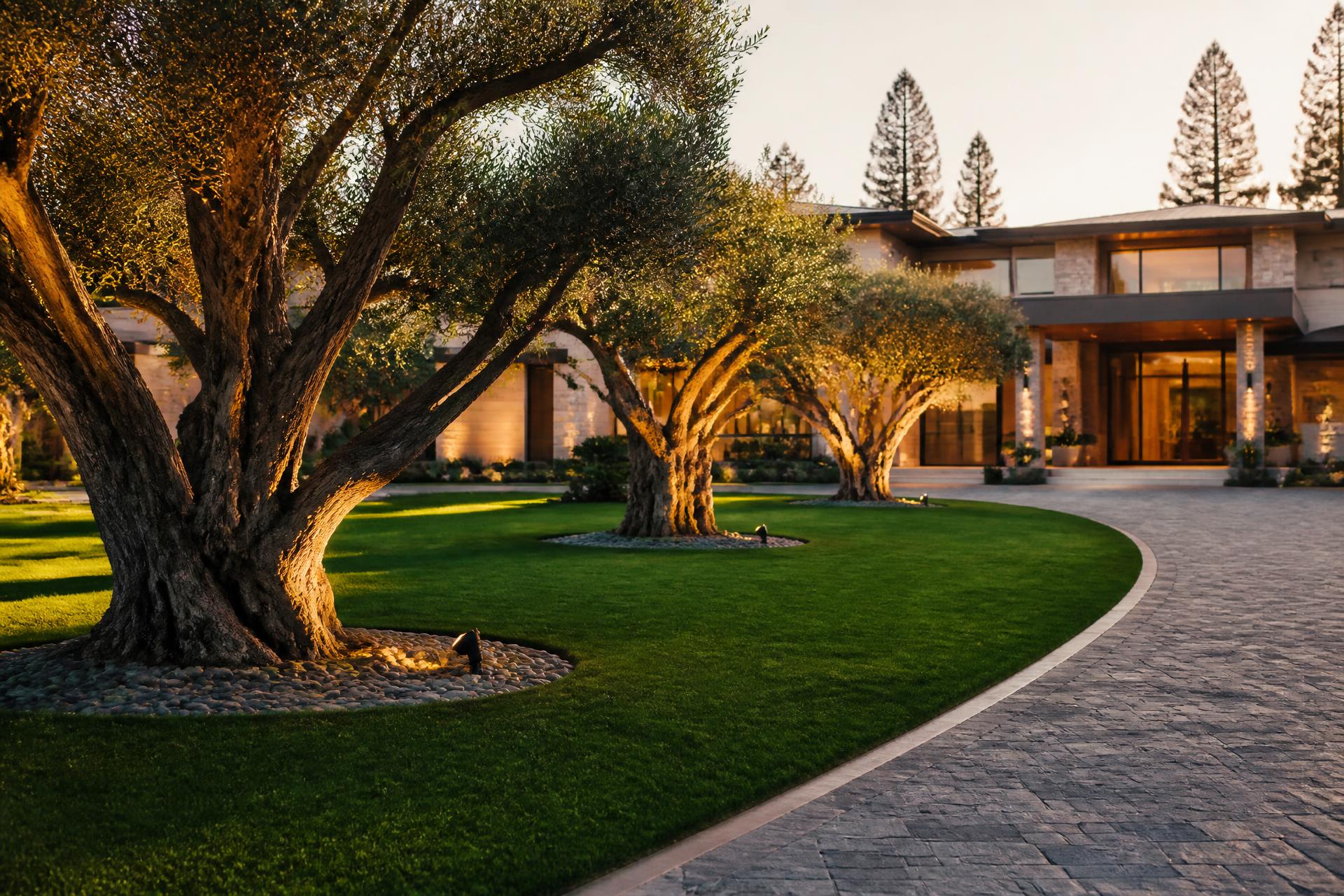 Luxury landscaped estate at golden hour